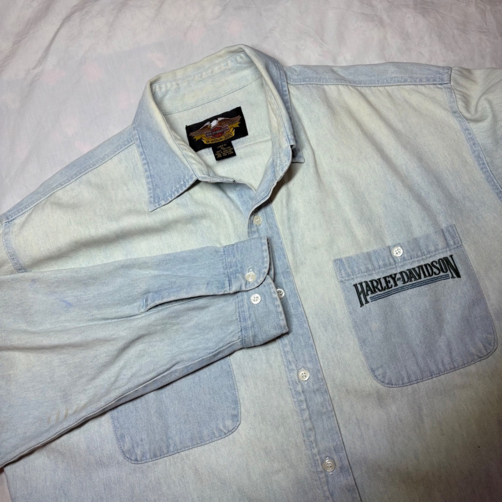 Harley Davidson Mens Xl Denim Long Sleeve Button Up Shirt Acid Wash Euc
